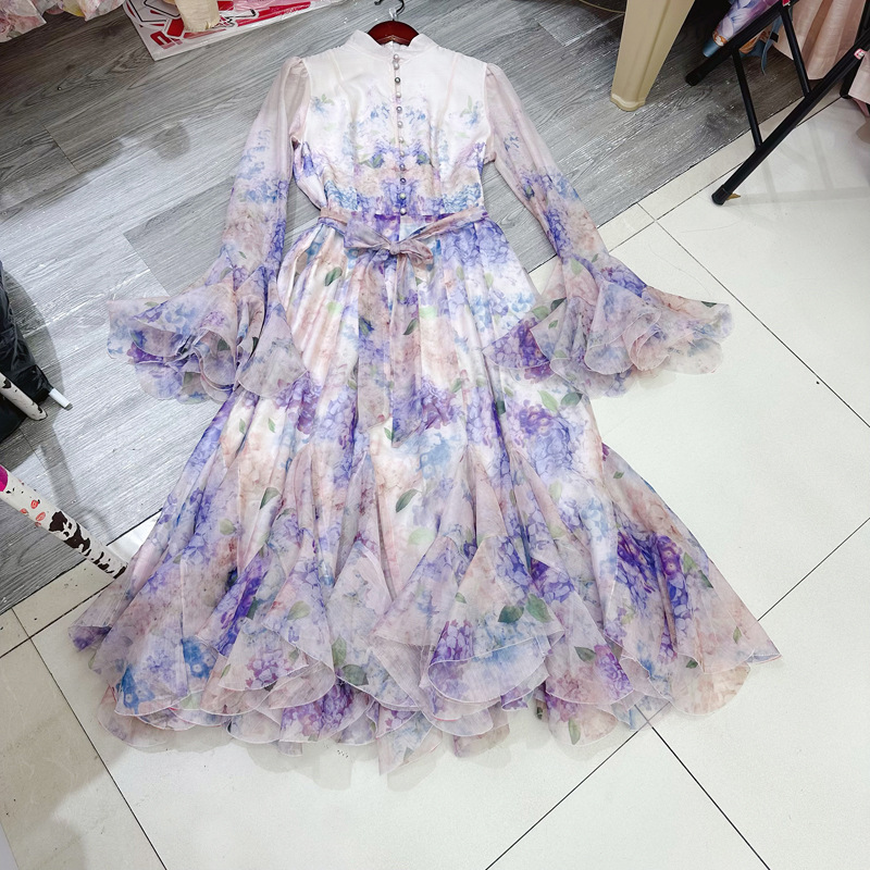 Thirteen line Australian French niche printed breasted long dress with flowing and super fairy style hem A2 # 8210