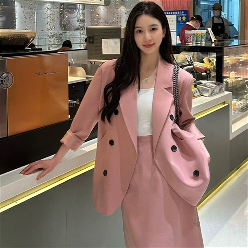 Korean version set, women's pink suit jacket, tea style outfit, half skirt, capable temperament, new two-piece Korean set