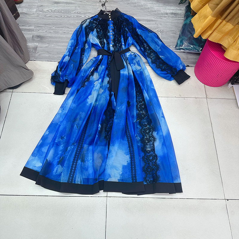 Thirteen line Australian niche high-end lantern sleeves, waist cinching, French tie dye long dress, A1 # 8561 Thirteen line Australian niche high-end lantern sleeves, waist cinching, French tie dye long dress, A1 # 8561