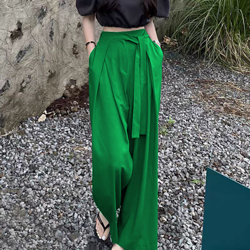 Korean chic niche versatile high waisted pleated asymmetrical strap design with hanging sensation, wide legs, floor length pants, long pants for women Korean chic niche versatile high waisted pleated asymmetrical strap design with hanging sensation, wide legs, floor length pants, long pants for women