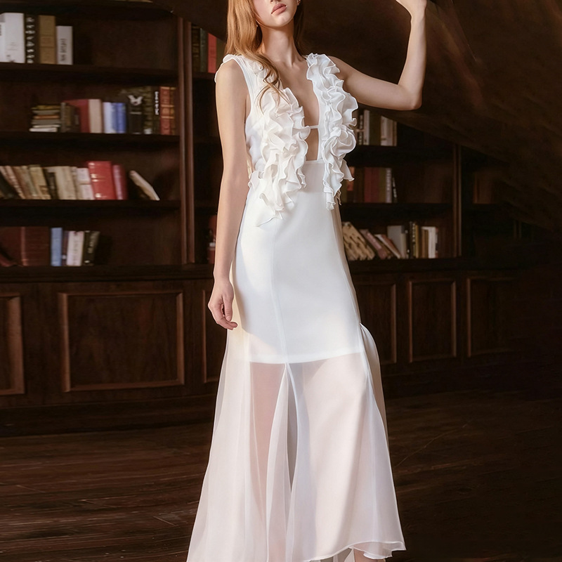 Sexy European and American socialite style long dress 2025 new sleeveless suspender, ruffle edge mesh, patchwork temperament dress for women