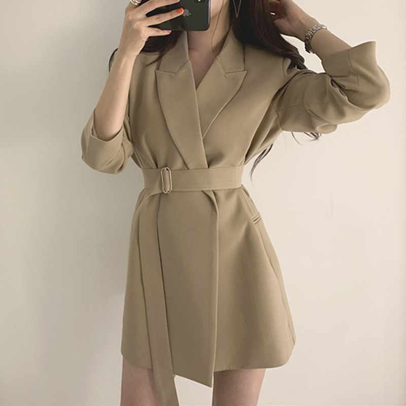 Internet celebrity small suit mid long chic retro belt Korean version 2025 casual temperament ins suit jacket female r