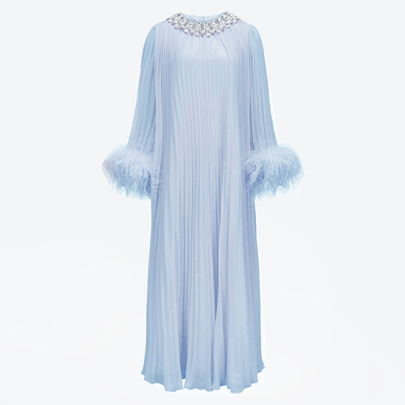 Australian fashion brand high-end dress 2025 new nail bead ostrich fur decoration vacation chiffon big swing dress Australian fashion brand high-end dress 2025 new nail bead ostrich fur decoration vacation chiffon big swing dress