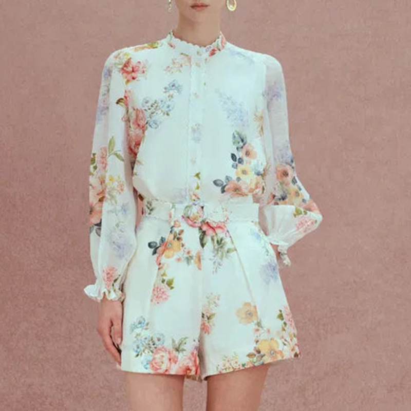 French retro countryside style two-piece set 2025 new single breasted lace shirt+fashionable belt printed shorts
