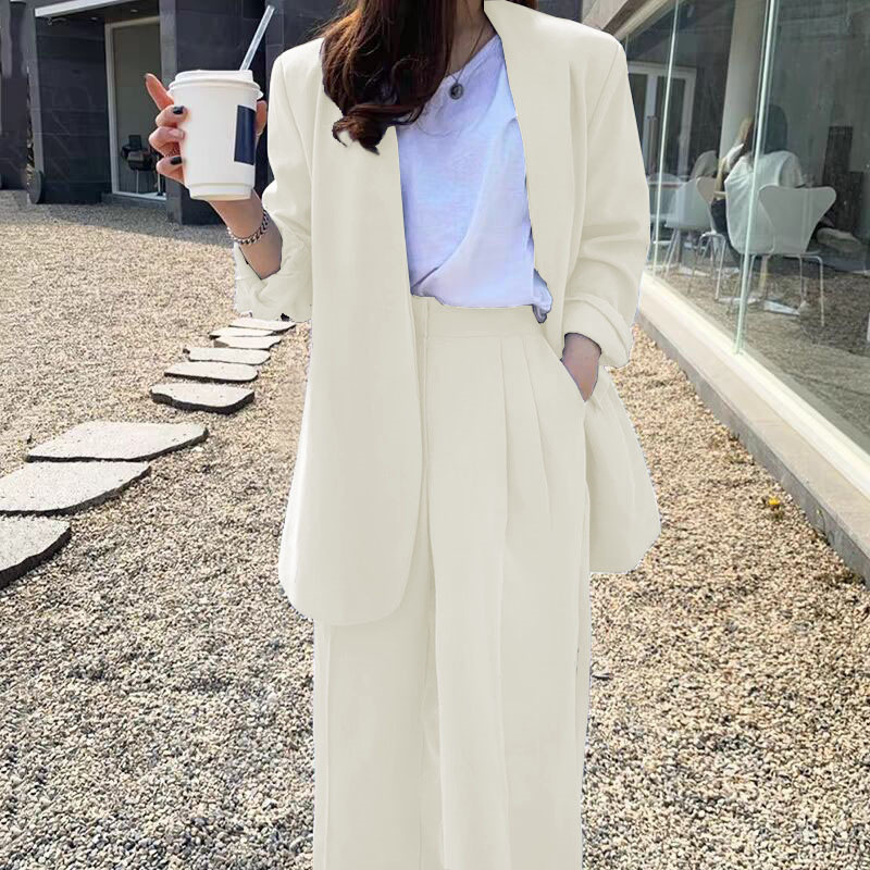 Wide leg pants suit set for women 2025 Spring and Autumn Korean edition fashion temperament British style casual street bombing professional small suit Wide leg pants suit set for women 2025 Spring and Autumn Korean edition fashion temperament British style casual street bombing professional small suit