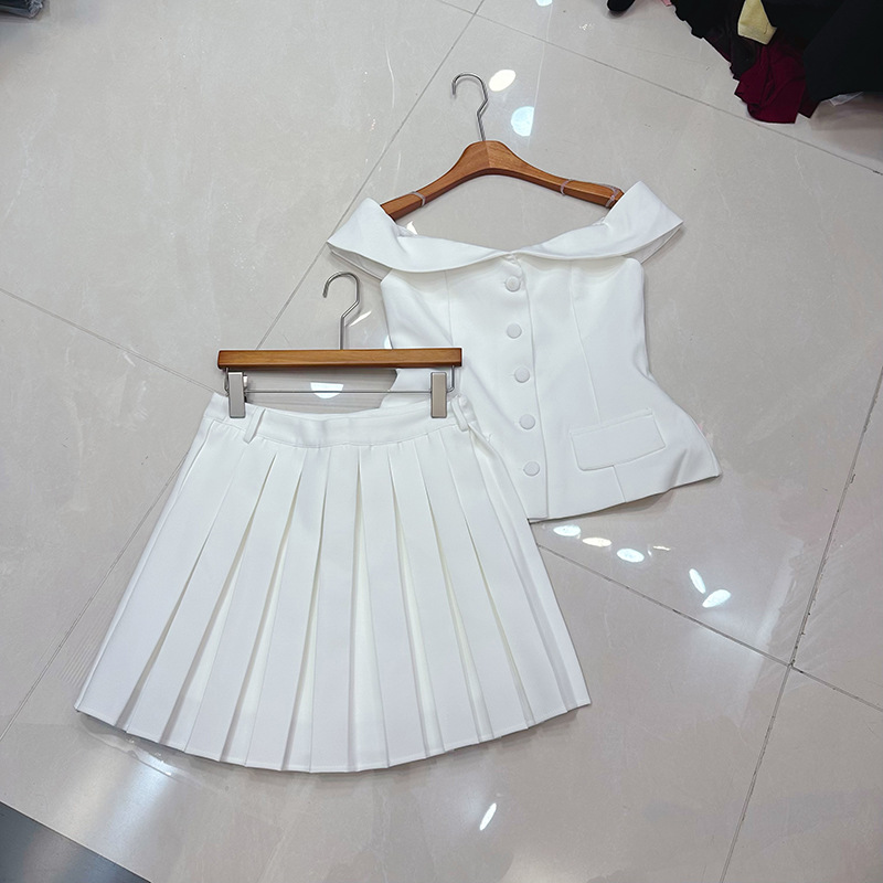 Thirteen line Australian niche lapel one shoulder sleeveless suit jacket+pleated skirt set A2 # 8537