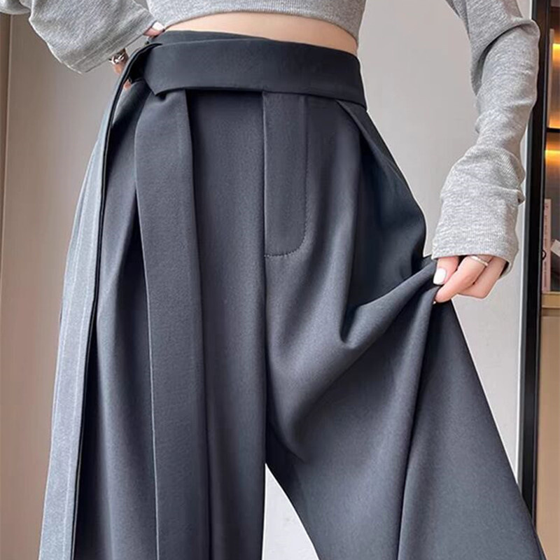 Grey high waisted lace up narrow version suit wide leg pants for women in summer, loose and casual, hanging straight leg mop pants
