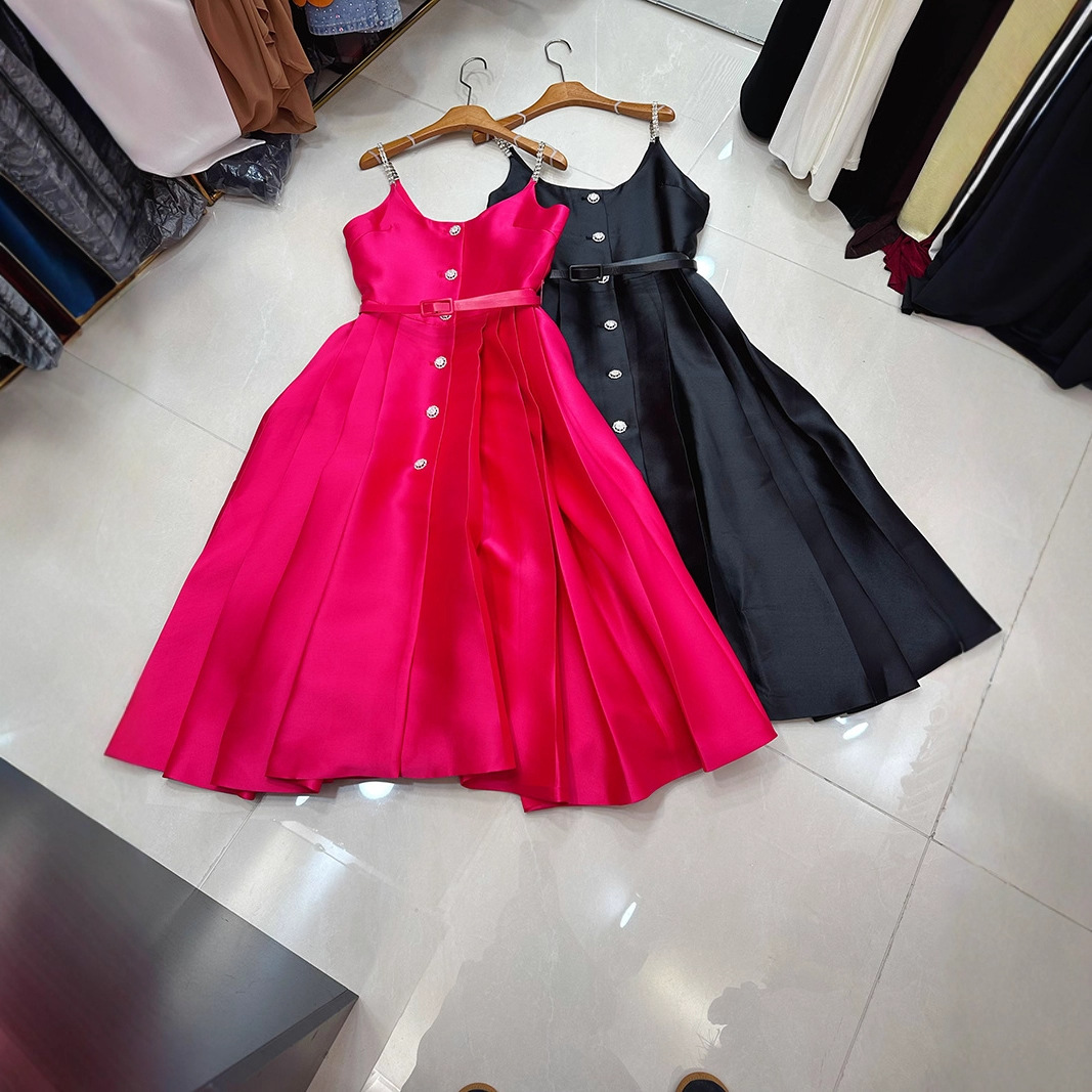 Thirteen line socialite's daughter's diamond studded pleated tight waist, light luxury forged face suspender mid length dress A1 # 8543