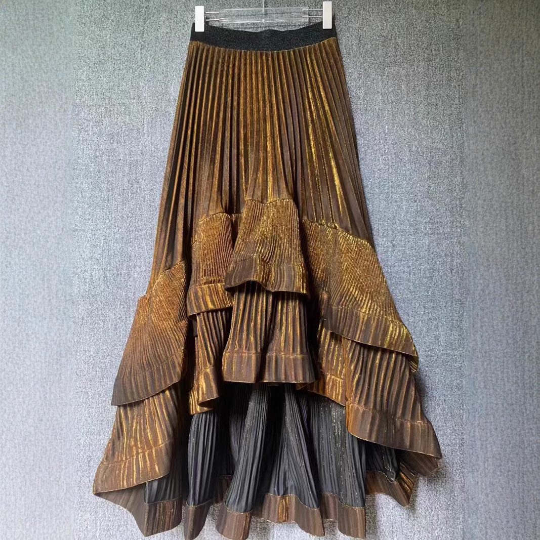 Thirteen line glossy elegant irregular splicing hundred fold skirt with high-end feel, large swing long skirt, half body skirt A3 # 8904