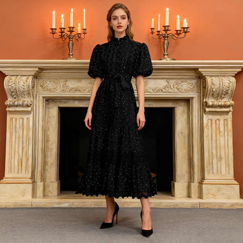 Palace style elegant stand up collar long dress 2025 new item with bubble sleeves, single breasted straps, waist cinching, polka dot lace dress