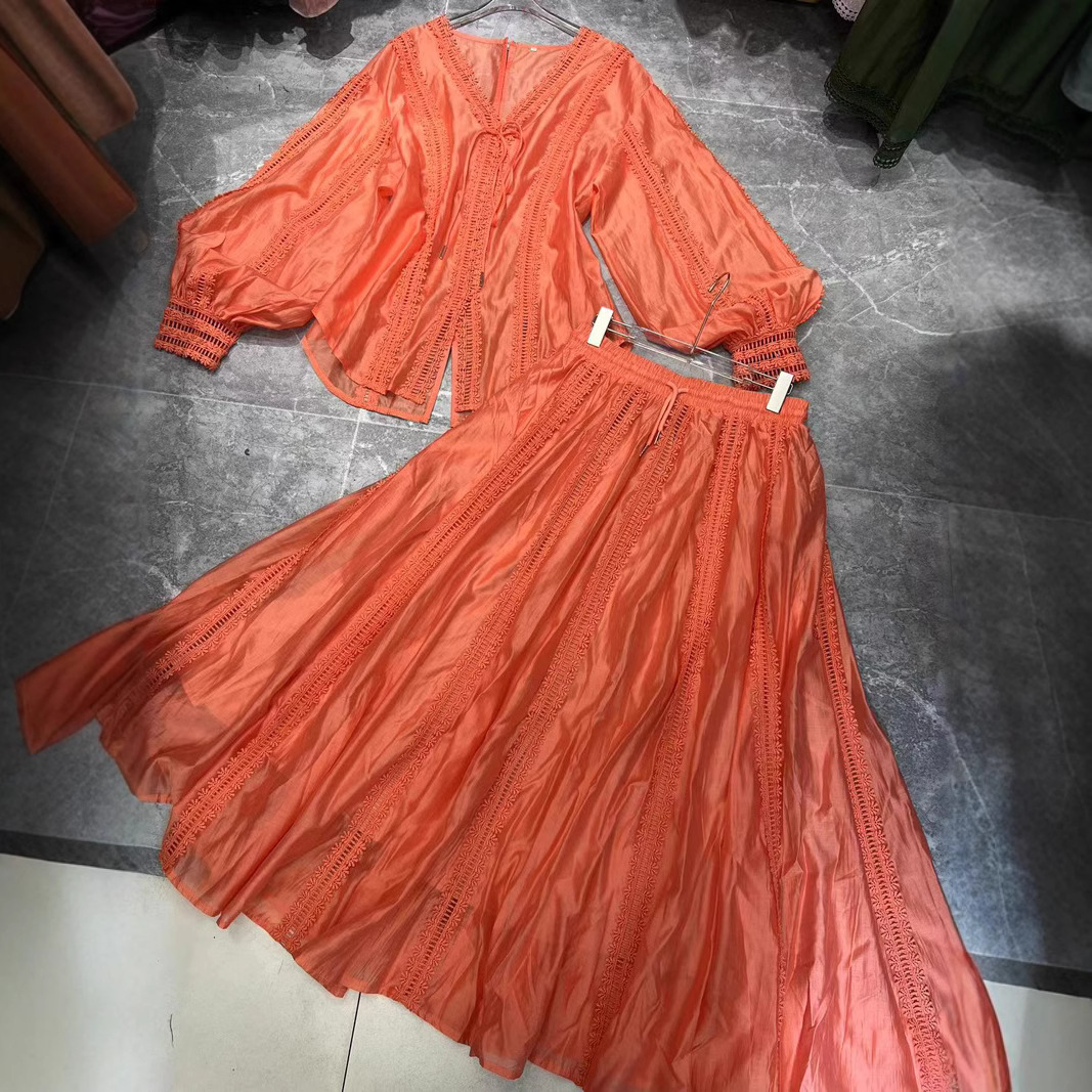 Thirteen new export heavy industry lace long sleeved shirt+large swing long skirt 2-piece set A2 # 8795