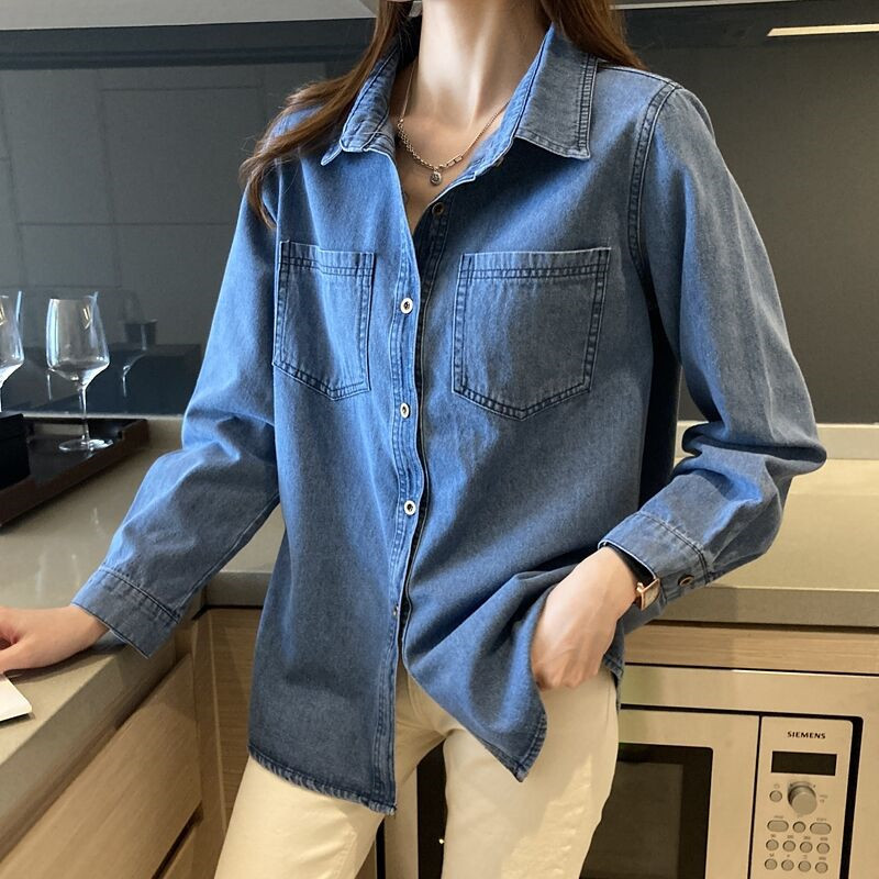 Deep Blue Retro Shoulder Port Style Soft Cowboy Shirt for Women's New Spring and Autumn 2025 Spring Fashion New Small Top Deep Blue Retro Shoulder Port Style Soft Cowboy Shirt for Women's New Spring and Autumn 2025 Spring Fashion New Small Top