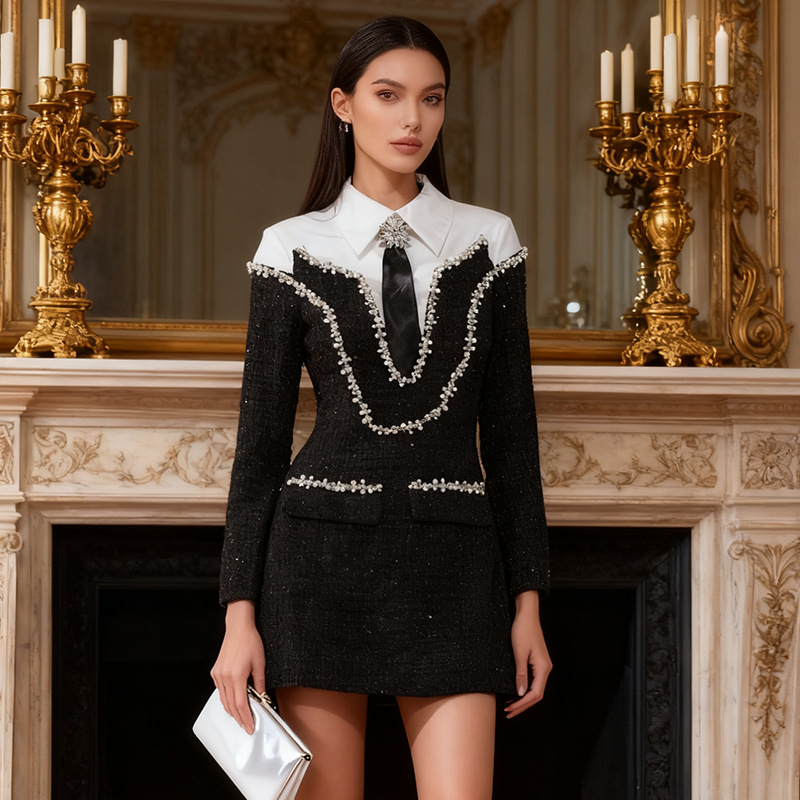 French socialite style dress 2025 new heavy industry nail bead sequin design, high-end feeling, lapel long sleeved short skirt for women