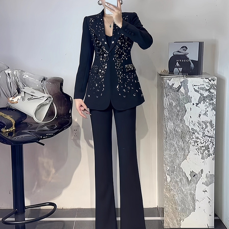 Workplace Commuter Suit Set 2025 Autumn New Style Hot Diamond Design Long Sleeve Jacket+High Waist Slimming Straight Leg Pants