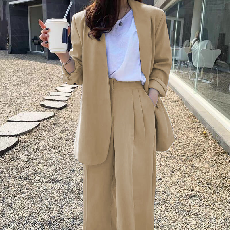 Wide leg pants suit set for women 2025 Spring and Autumn Korean edition fashion temperament British style casual street bombing professional small suit Wide leg pants suit set for women 2025 Spring and Autumn Korean edition fashion temperament British style casual street bombing professional small suit