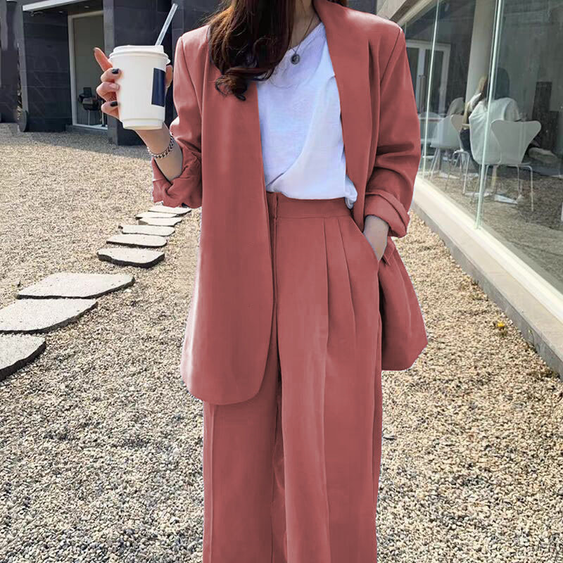 Wide leg pants suit set for women 2025 Spring and Autumn Korean edition fashion temperament British style casual street bombing professional small suit Wide leg pants suit set for women 2025 Spring and Autumn Korean edition fashion temperament British style casual street bombing professional small suit