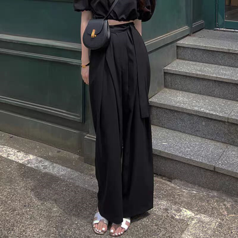 Korean chic niche versatile high waisted pleated asymmetrical strap design with hanging sensation, wide legs, floor length pants, long pants for women Korean chic niche versatile high waisted pleated asymmetrical strap design with hanging sensation, wide legs, floor length pants, long pants for women