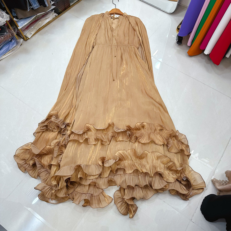 Thirteen line Australian light luxury cape style solid color shawl dress, high-end lotus leaf edge skirt, A2 # 8128