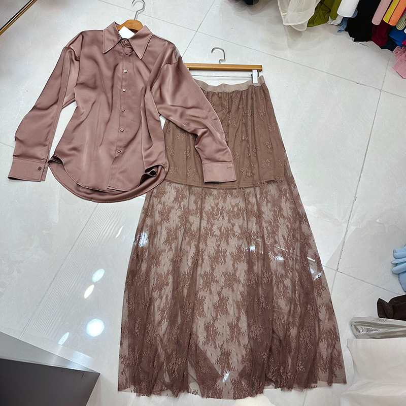 Thirteen line Australian niche perspective sexy lace patchwork shirt+high waist slimming skirt set A1 # 8575