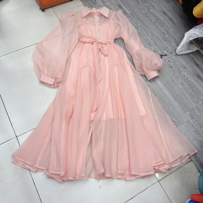 Thirteen Rows Vietnam niche shirt dress new seaside vacation style socialite with belt long skirt C1 # 1635