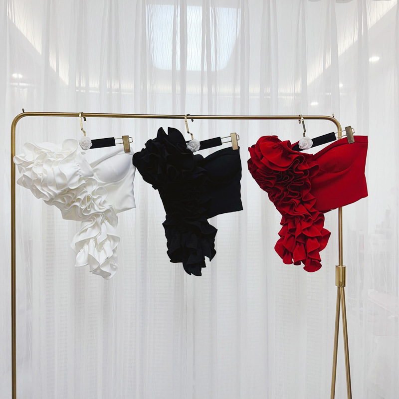 Thirteen lines new trendy European and American style niche design, three-dimensional cutting, large flower tassel strapless C2 # 1208