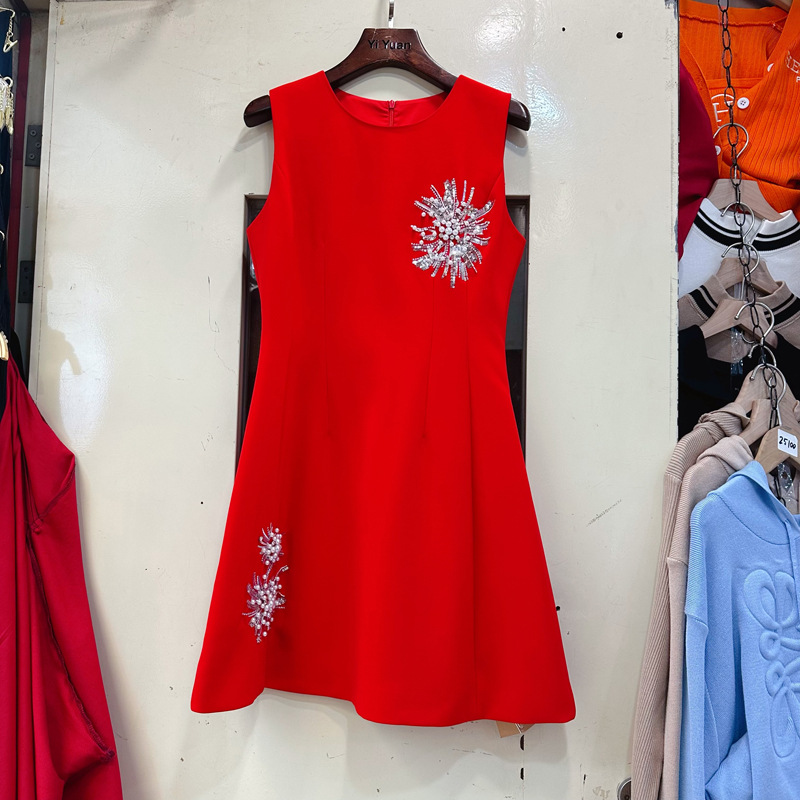 Thirteen line French high-end temperament heavy industry diamond flower decoration waist cinching short vest dress C2 # 2550 Thirteen line French high-end temperament heavy industry diamond flower decoration waist cinching short vest dress C2 # 2550