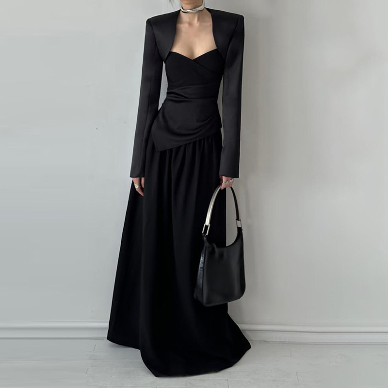 High end temperament three piece set 2025 new shawl jacket+irregular patchwork strapless top+half body long skirt set