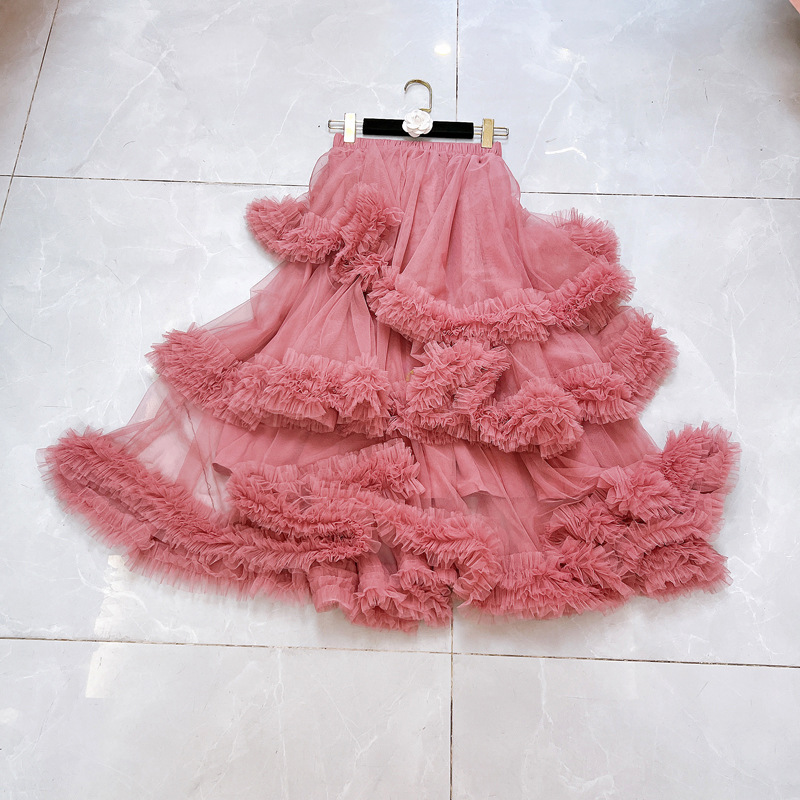 Thirteen line fungus edge layer by layer irregular mesh skirt with elastic waist wavy cake skirt C1 # 1972