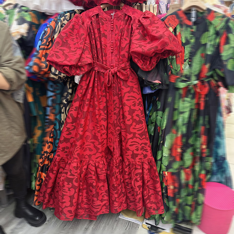 Thirteen line Thai niche loose bubble sleeve single breasted plush lace up bubble sleeve dress A3 # 8970