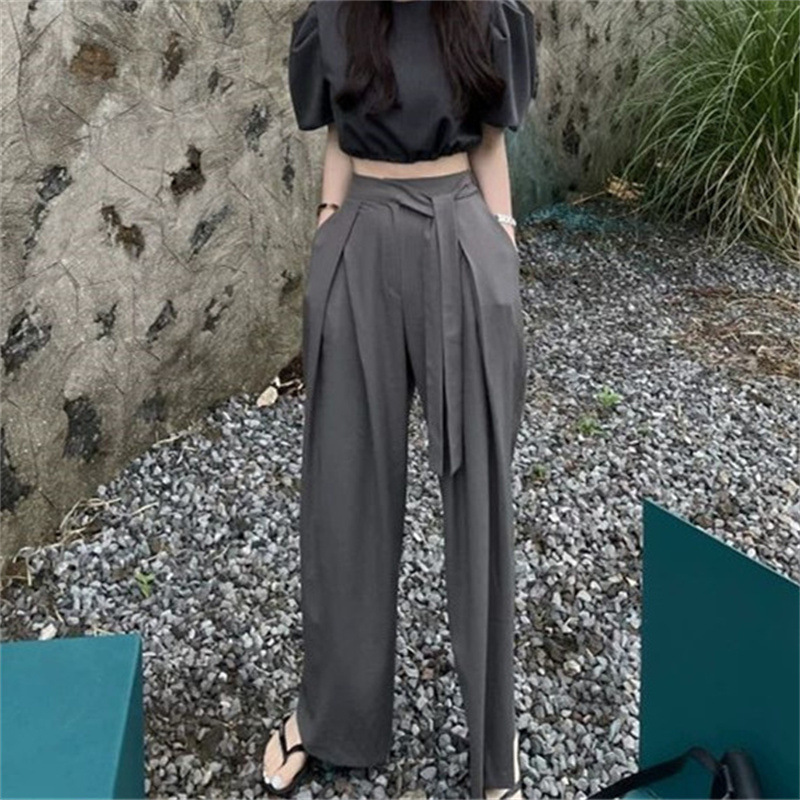 Korean chic niche versatile high waisted pleated asymmetrical strap design with hanging sensation, wide legs, floor length pants, long pants for women Korean chic niche versatile high waisted pleated asymmetrical strap design with hanging sensation, wide legs, floor length pants, long pants for women