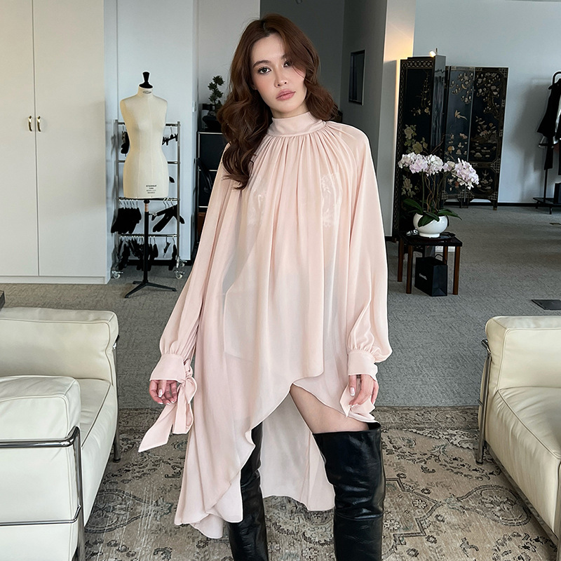 Fashion niche design minimalist style top 2025 new style temperament stand collar long sleeved ruffle edge solid color shirt for women