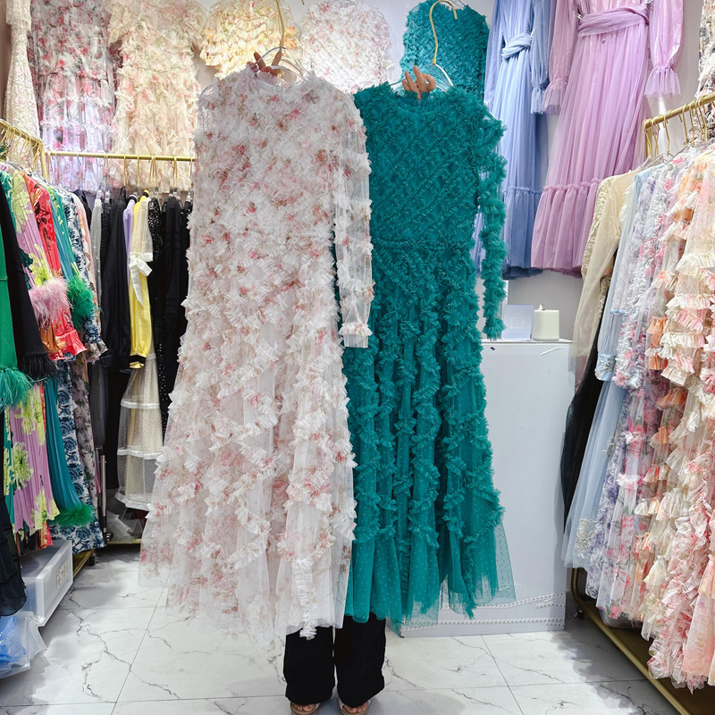 Thirteen Rows European Station French New Fashionable Mesh Black Fungus Woven Round Neck Long Sleeve Heavy Industry Dress A3 # 5218