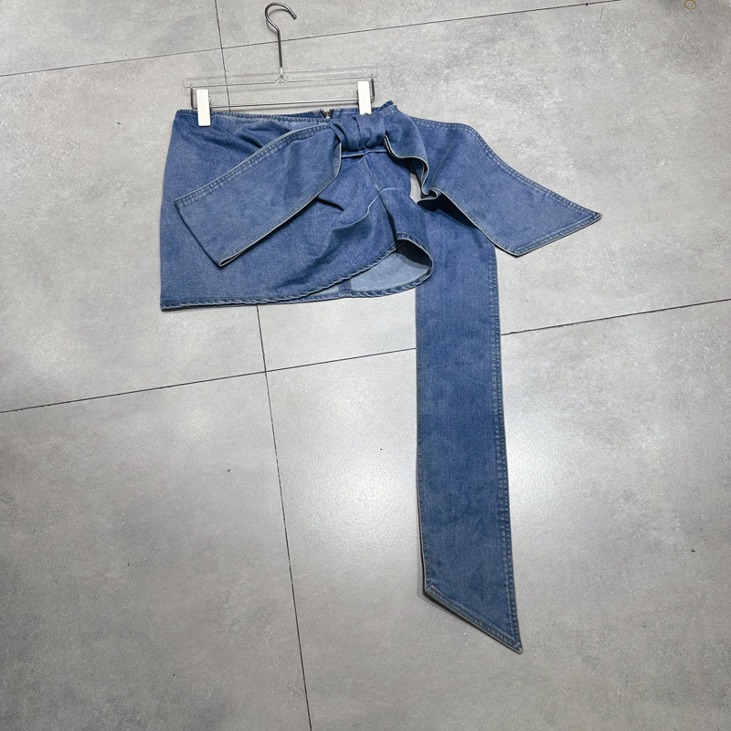Thirteen lines summer ribbon bow decoration short European and American blogger ins style denim skirt A3 # 5100