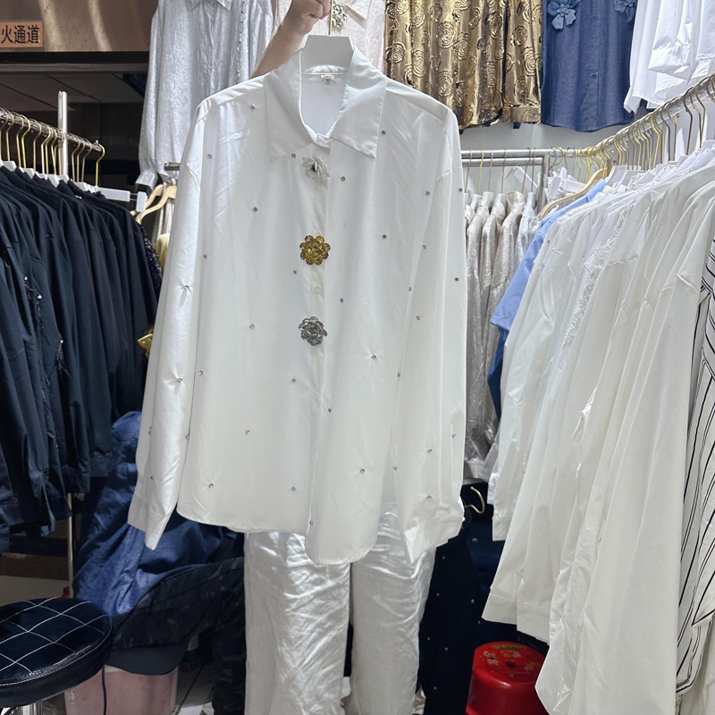 Thirteen line French style niche rhinestone asymmetrical collar, lapel, bubble sleeves, long sleeves, floral single breasted shirt A1 # 863