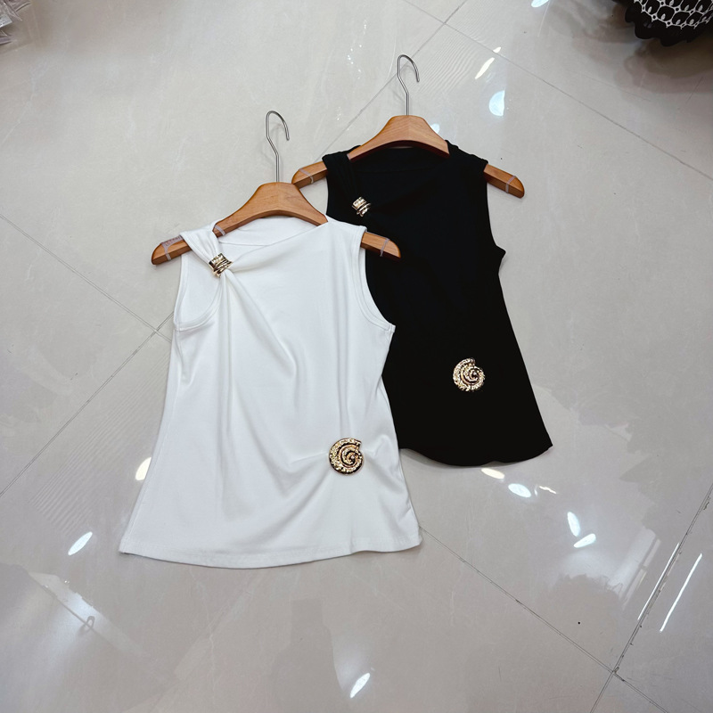 Thirteen line Australian niche versatile slimming round neck metal buckle design sense niche French vest A2 # 8337