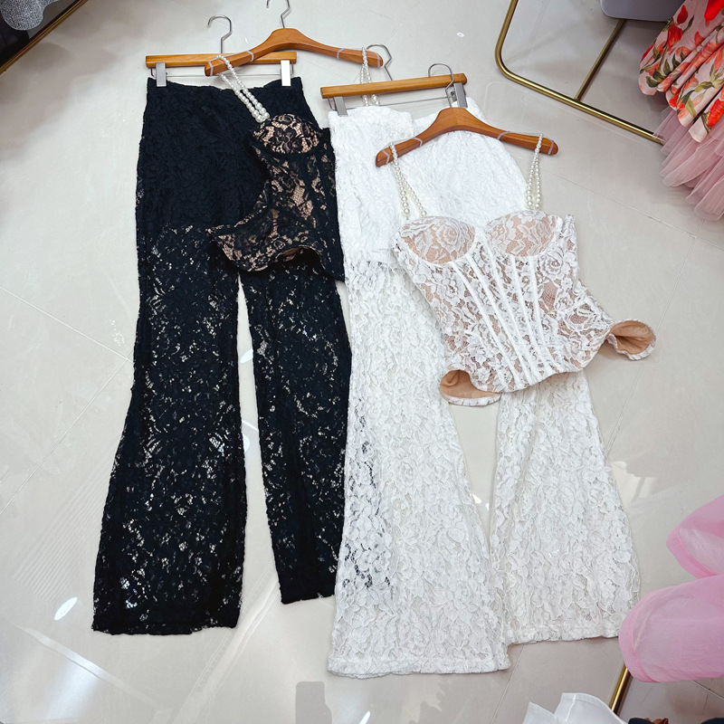 Thirteen line Australian lace embroidered fishbone pearl white camisole vest+straight leg micro flared pants set C1 # 2157