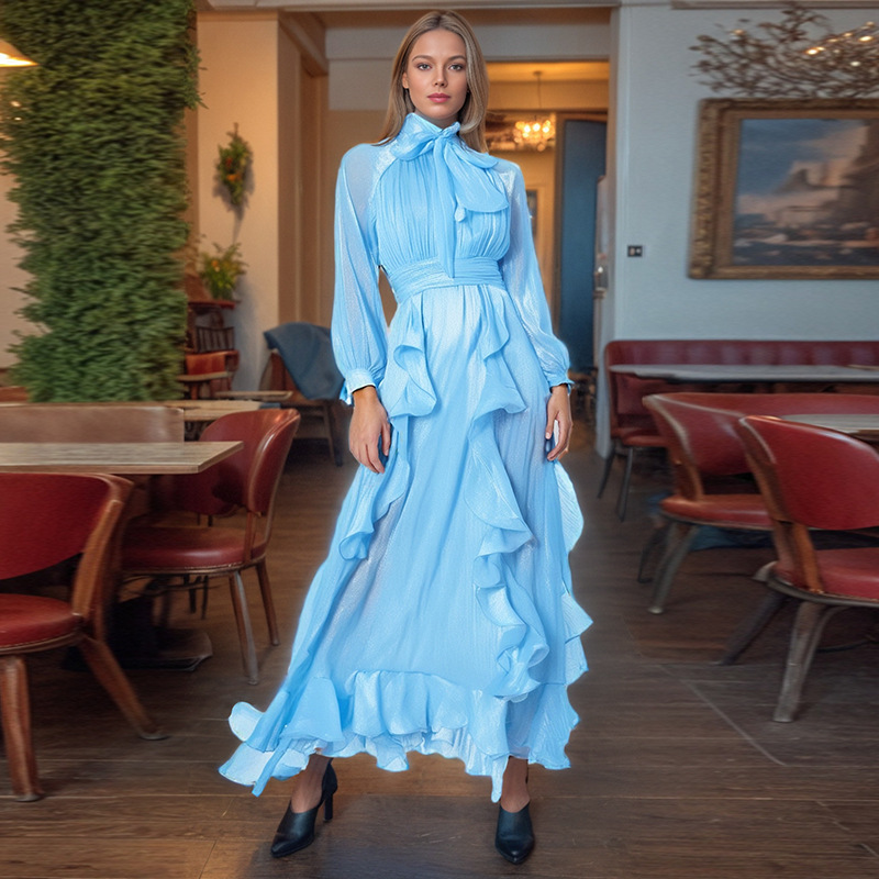 French retro elegant style long dress 2025 new fashionable lantern sleeve design ruffle edge solid color dress for women in summer