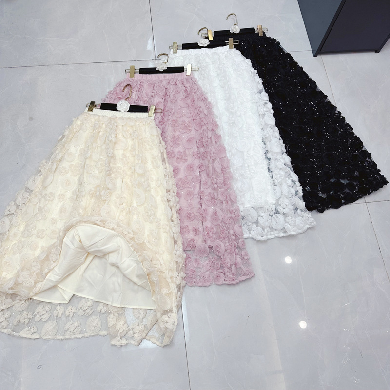 Thirteen Rows Heavy Industry Three Dimensional Flower Glitter Mesh Umbrella Skirt New High Waist Yarn Skirt Half Body Skirt C1 # 1539