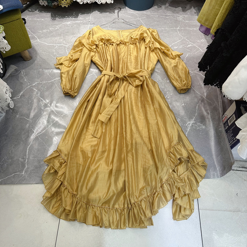 Thirteen line Australian niche V-neck ruffle edge loose mid length dress with oversized hem paired with belt dress C1 # 1916