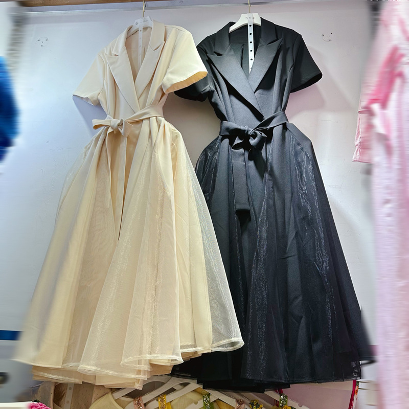 Thirteen Rows Australia's new lapel short sleeved French patchwork organza long dress with belt A2 # 8377