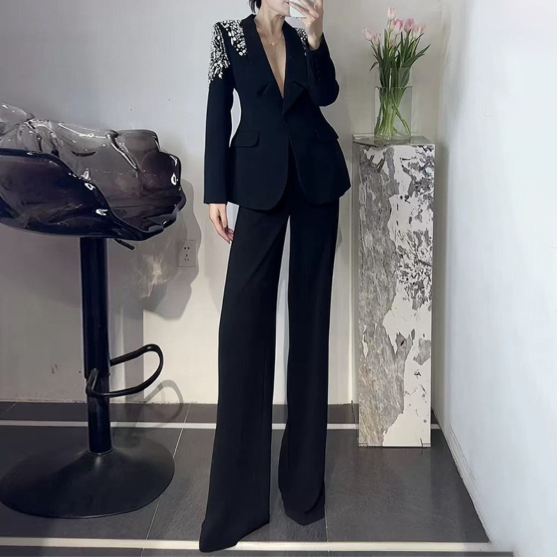 Fashion commuting suit two-piece set for women 2025 new style temperament V-neck diamond encrusted jacket+high waist slimming straight leg pants