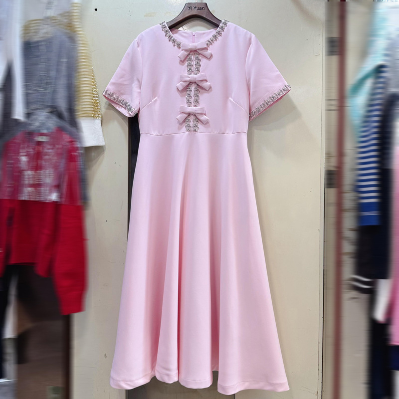 Thirteen lines high-end elegant heavy industry diamond bow short sleeved dress long skirt birthday party dress A1 # 8681