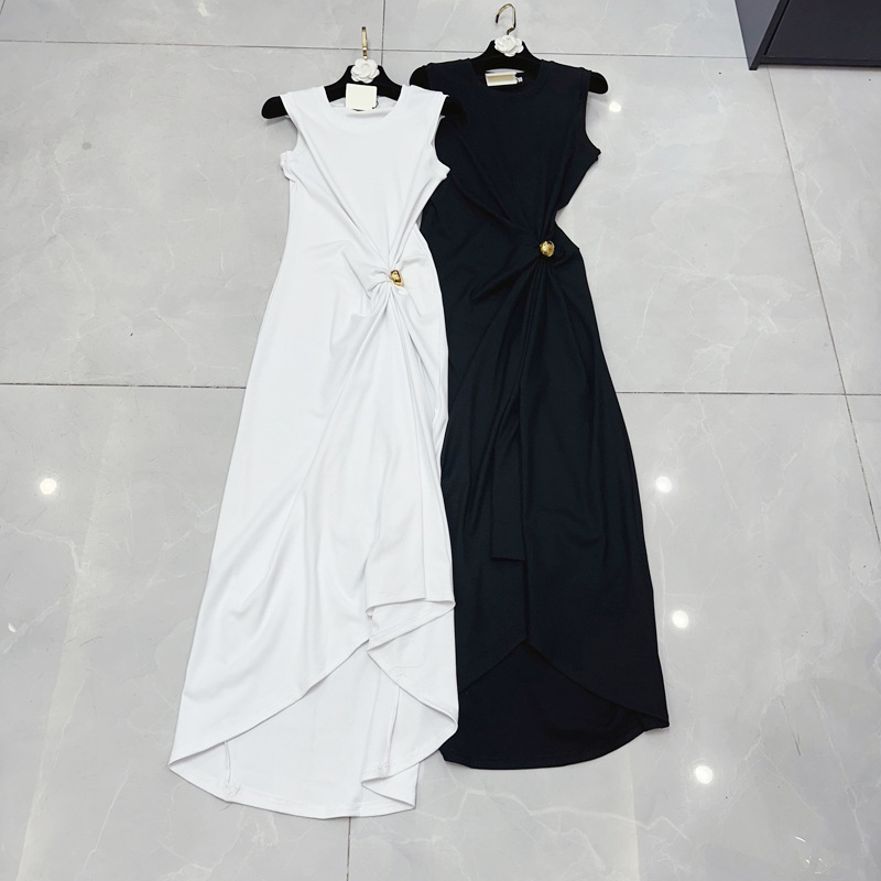 Thirteen Rows Vietnam's niche asymmetrical sleeveless round neck pleated waist vest dress, mid length dress C1 # 1615