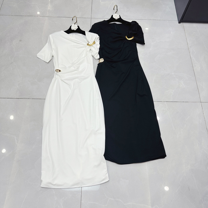 Thirteen line French diagonal collar short sleeved pleated metal buckle decorative design, French temperament dress C1 # 1612