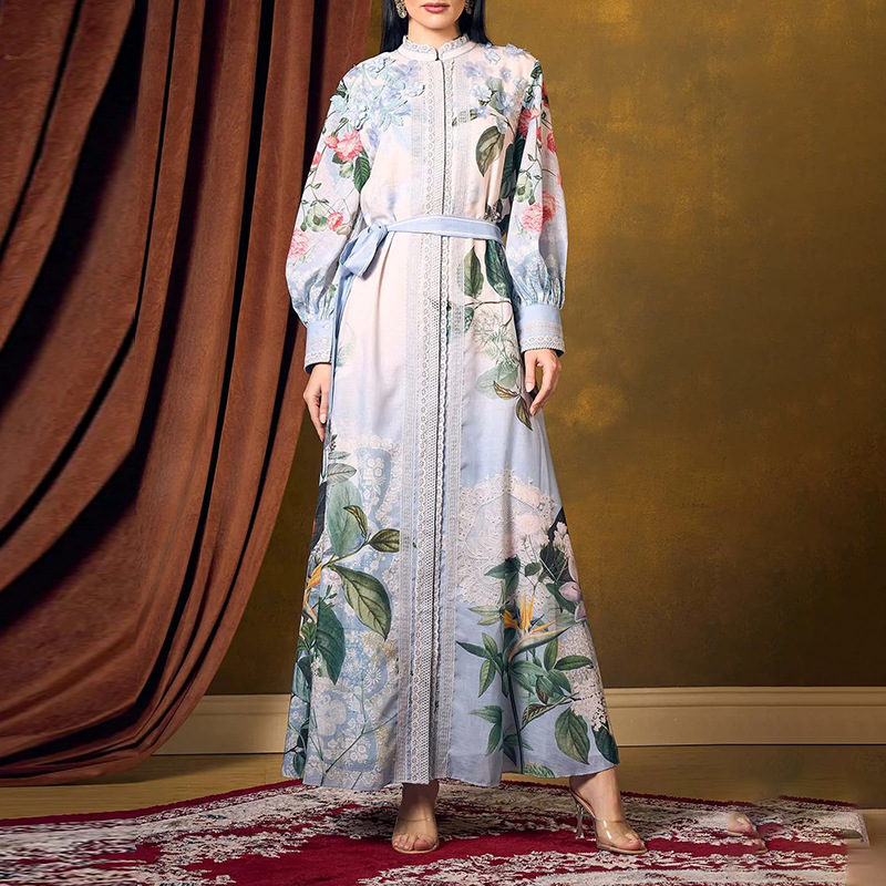 European and American cross-border stand up collar printed dress 2025 new fashionable single breasted lace up waist cinching temperament slimming long skirt