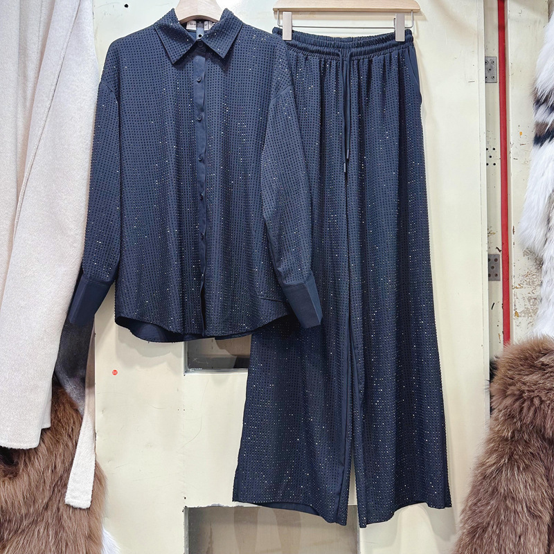 Thirteen Rows Winter New Fashionable Light Mature Heavy duty Full Diamond Shirt+Drawstring Straight Pants Set D1 # 5906