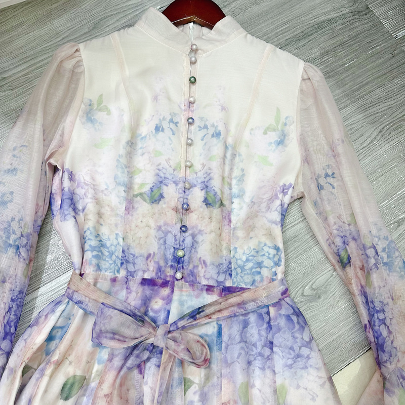 Thirteen line Australian French niche printed breasted long dress with flowing and super fairy style hem A2 # 8210 Thirteen line Australian French niche printed breasted long dress with flowing and super fairy style hem A2 # 8210