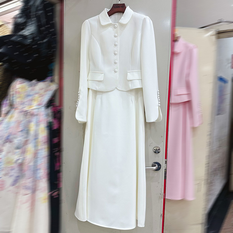 Thirteen line Australian niche white retro breasted jacket+long skirt 2-piece gentle set A2 # 1022 Thirteen line Australian niche white retro breasted jacket+long skirt 2-piece gentle set A2 # 1022