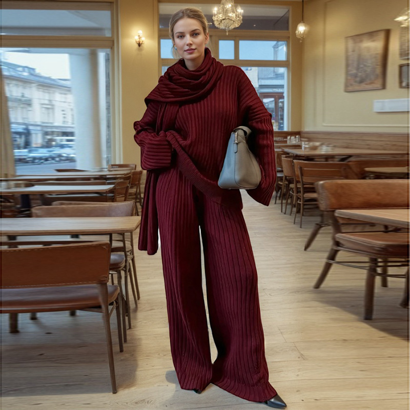 Fashion casual solid color two-piece set 2025 autumn new V-neck loose top high waist straight leg pants women's knitted set