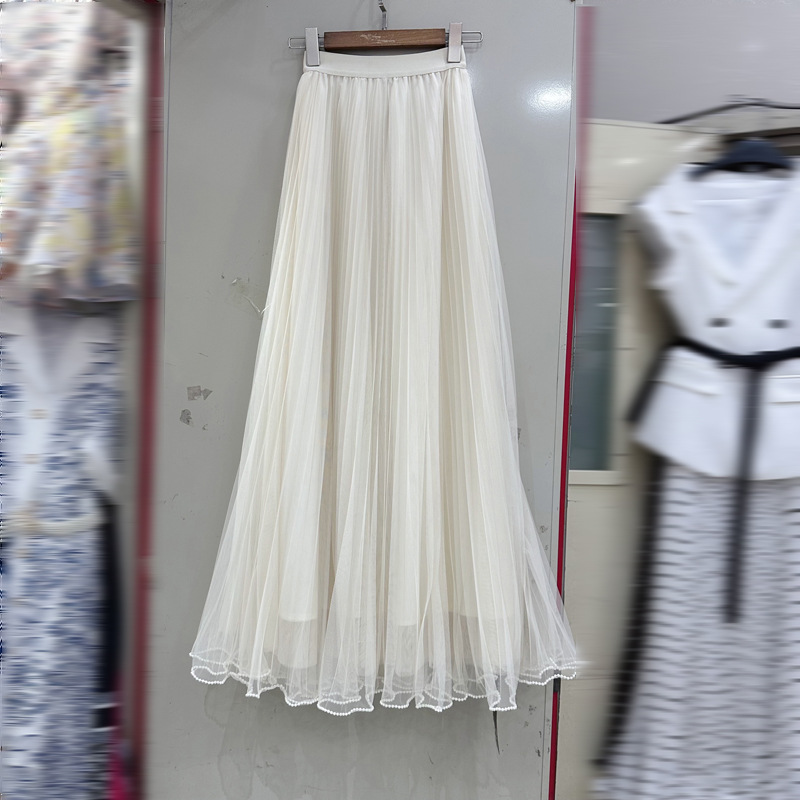 Thirteen line high-end hanging mesh skirt, high waisted pleated skirt, mid length fluffy skirt, pearl skirt C1 # 1938